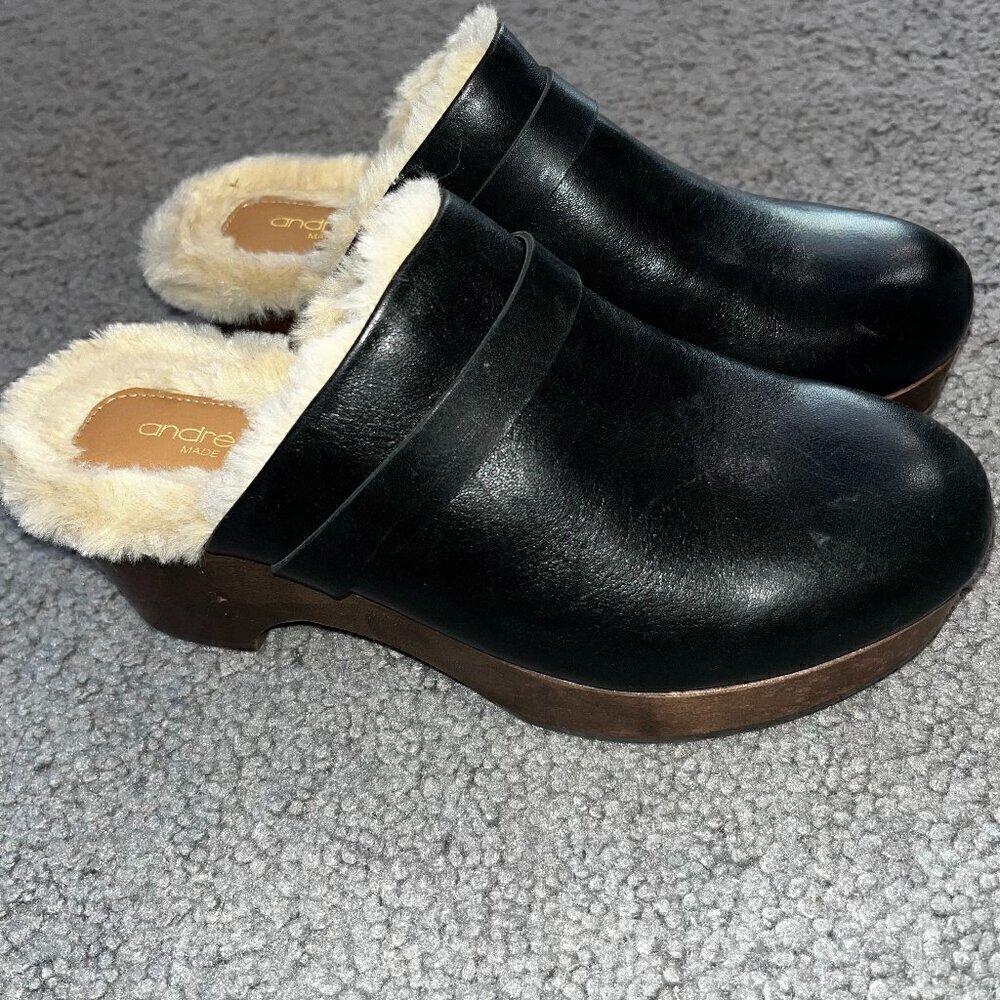 ANDRE ASSOUS SOFI NEW Black Leather Fur Lined Wood Sole Clog Made in Portugal 8